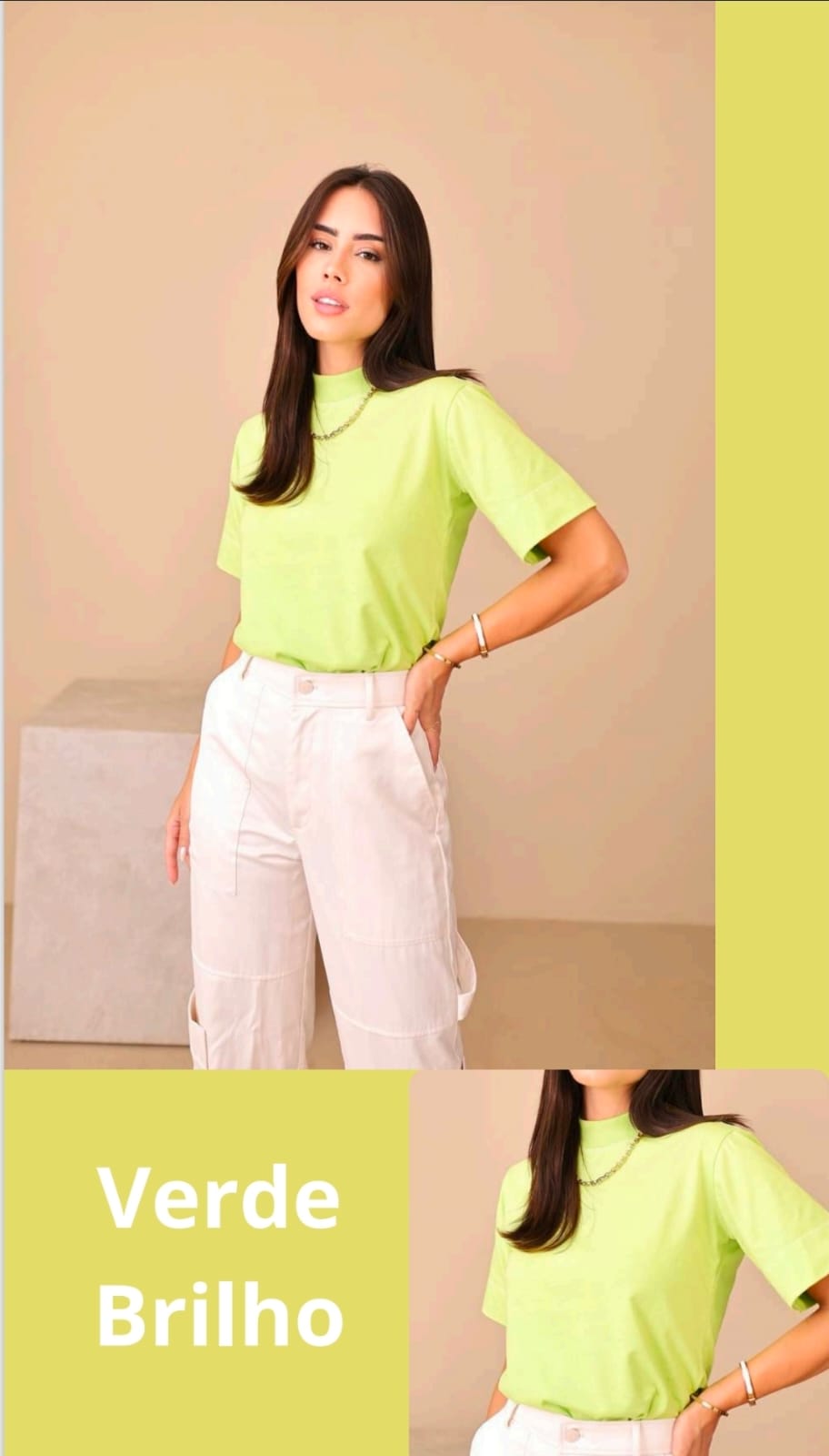 T-Shirt Gola Alta em Algodão Verde Brilho