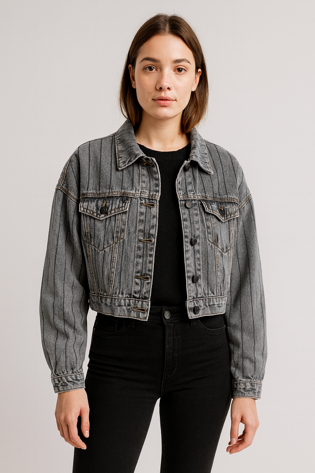 Jaqueta Jeans Sawary Cropped – Cinza Mesclado com Listras